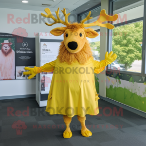 Yellow Irish Elk mascot costume character dressed with a Wrap Dress and Headbands