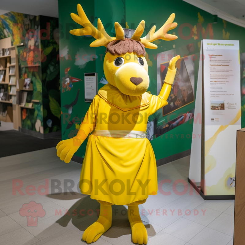 Yellow Irish Elk mascot costume character dressed with a Wrap Dress and Headbands