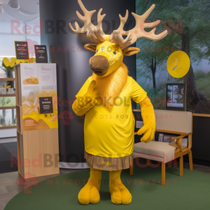 Yellow Irish Elk mascot costume character dressed with a Wrap Dress and Headbands