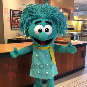 Turquoise Pesto Pasta mascot costume character dressed with a Playsuit and Hairpins