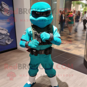 Teal Marine Recon mascot costume character dressed with a Polo Shirt and Bracelet watches