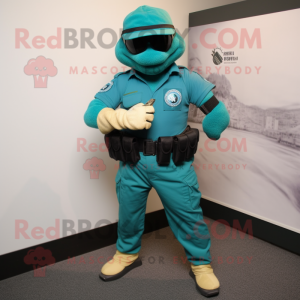 Teal Marine Recon mascot costume character dressed with a Polo Shirt and Bracelet watches