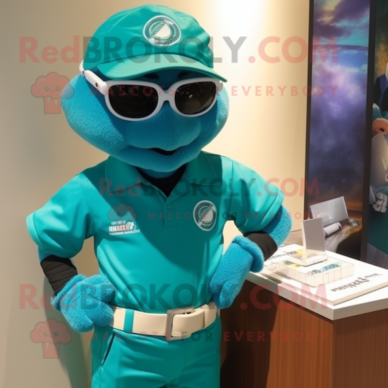 Teal Marine Recon mascot costume character dressed with a Polo Shirt and Bracelet watches