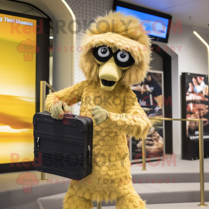 Gold Emu mascot costume character dressed with a Swimwear and Briefcases Gold Emu mascot costume character dressed with a Swimwear and Briefcases