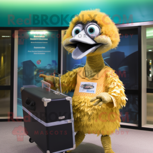 Gold Emu mascot costume character dressed with a Swimwear and Briefcases