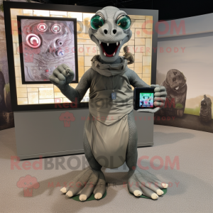 Gray Hydra mascot costume character dressed with a Wrap Skirt and Digital watches