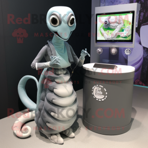 Gray Hydra mascot costume character dressed with a Wrap Skirt and Digital watches