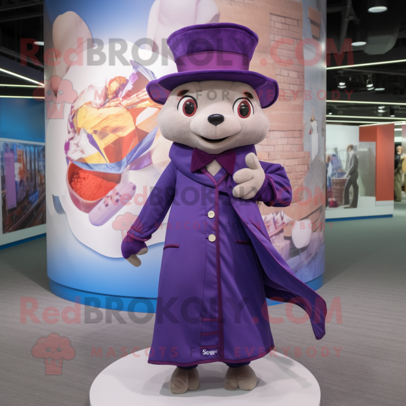 Purple Weasel mascot costume character dressed with a Dress and Berets Purple Weasel mascot costume character dressed with a Dress and Berets
