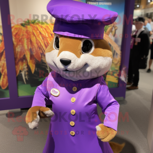 Purple Weasel mascot costume character dressed with a Dress and Berets