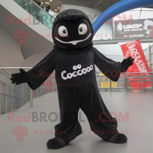 Black Cod mascot costume character dressed with a Jumpsuit and Scarves