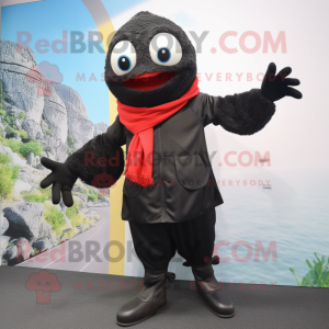 Black Cod mascot costume character dressed with a Jumpsuit and Scarves