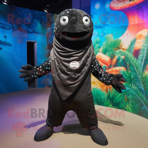 Black Cod mascot costume character dressed with a Jumpsuit and Scarves