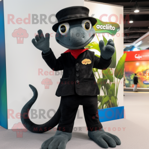 Black Geckos mascot costume character dressed with a Dress Pants and Berets