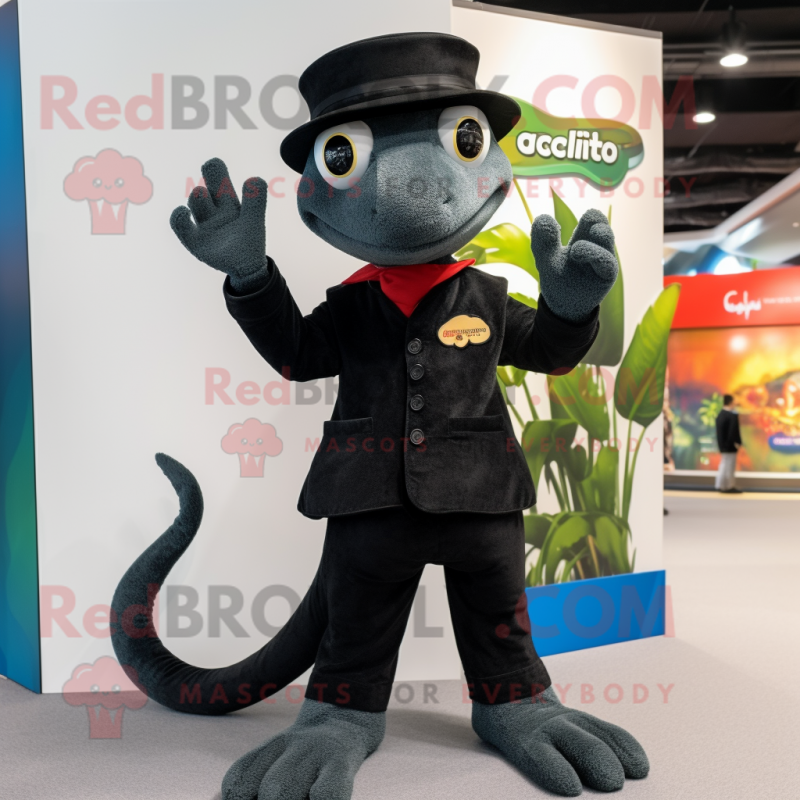 Black Geckos mascot costume character dressed with a Dress Pants and Berets Black Geckos mascot costume character dressed with a Dress Pants and Berets