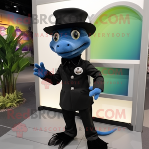 Black Geckos mascot costume character dressed with a Dress Pants and Berets