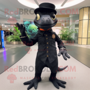 Black Geckos mascot costume character dressed with a Dress Pants and Berets