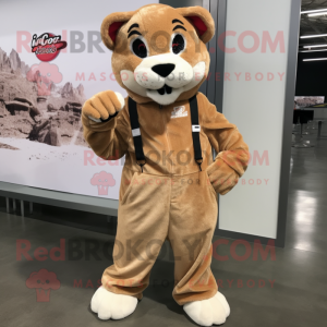 Red Mountain Lion mascot costume character dressed with a Overalls and Shoe laces