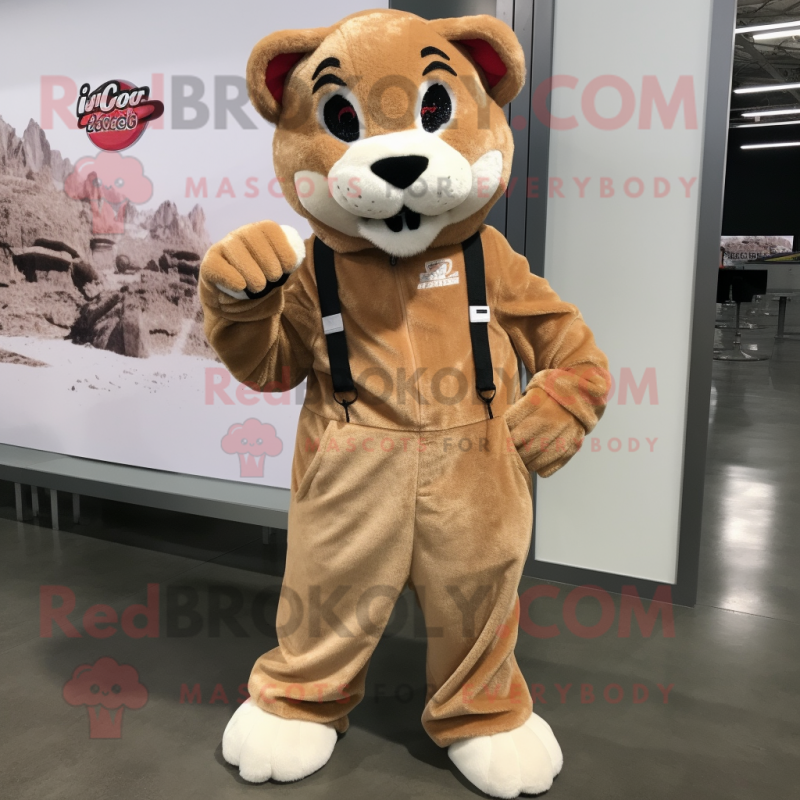 Red Mountain Lion mascot costume character dressed with a Overalls and Shoe laces Red Mountain Lion mascot costume character dressed with a Overalls and Shoe laces