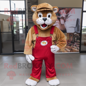 Red Mountain Lion mascot costume character dressed with a Overalls and Shoe laces