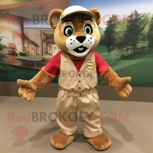 Red Mountain Lion mascot costume character dressed with a Overalls and Shoe laces