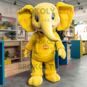 Lemon Yellow Elephant mascot costume character dressed with a Dungarees and Belts