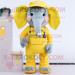 Lemon Yellow Elephant mascot costume character dressed with a Dungarees and Belts