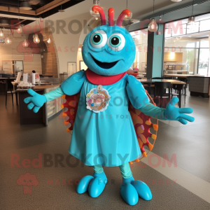 Turquoise Crab Cakes mascot costume character dressed with a Maxi Skirt and Bracelet watches