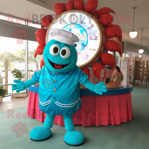 Turquoise Crab Cakes mascot costume character dressed with a Maxi Skirt and Bracelet watches