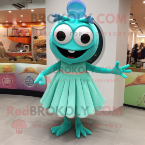Turquoise Crab Cakes mascot costume character dressed with a Maxi Skirt and Bracelet watches