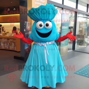 Turquoise Crab Cakes mascot costume character dressed with a Maxi Skirt and Bracelet watches