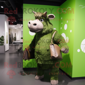 Green Woolly Rhinoceros mascot costume character dressed with a Raincoat and Clutch bags