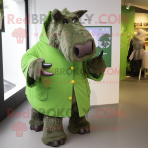 Green Woolly Rhinoceros mascot costume character dressed with a Raincoat and Clutch bags