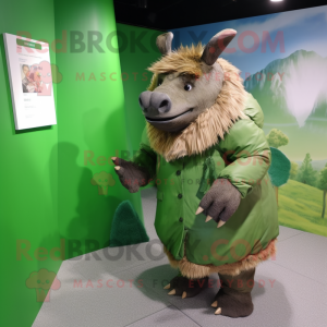 Green Woolly Rhinoceros mascot costume character dressed with a Raincoat and Clutch bags