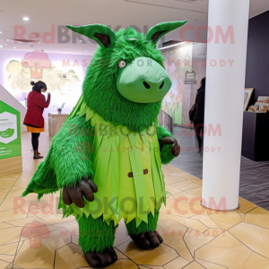 Green Woolly Rhinoceros mascot costume character dressed with a Raincoat and Clutch bags
