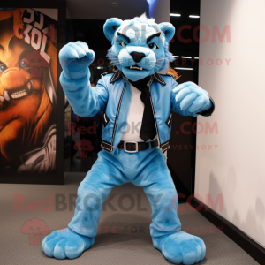 Sky Blue Saber-Toothed Tiger mascot costume character dressed with a Leather Jacket and Suspenders