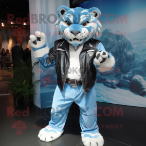 Sky Blue Saber-Toothed Tiger mascot costume character dressed with a Leather Jacket and Suspenders