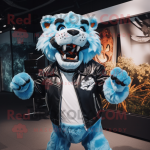 Sky Blue Saber-Toothed Tiger mascot costume character dressed with a Leather Jacket and Suspenders