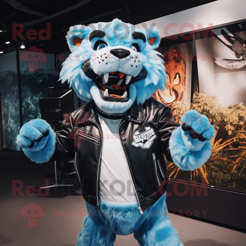 Sky Blue Saber-Toothed Tiger mascot costume character dressed with a Leather Jacket and Suspenders Sky Blue Saber-Toothed Tiger mascot costume character dressed with a Leather Jacket and Suspenders