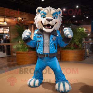 Sky Blue Saber-Toothed Tiger mascot costume character dressed with a Leather Jacket and Suspenders