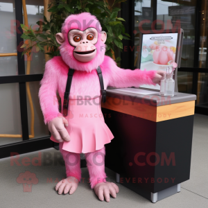 Pink Chimpanzee mascot costume character dressed with a Cocktail Dress and Briefcases