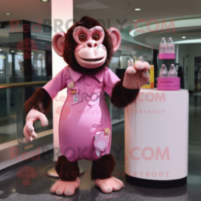 Pink Chimpanzee mascot costume character dressed with a Cocktail Dress and Briefcases