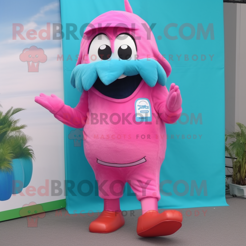 Cyan Pink mascot costume character dressed with a Bermuda Shorts and Ties Cyan Pink mascot costume character dressed with a Bermuda Shorts and Ties