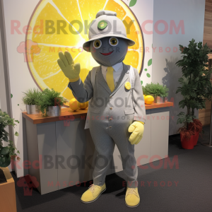 Gray Lemon mascot costume character dressed with a Romper and Hats