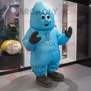 Cyan Potato mascot costume character dressed with a Parka and Gloves