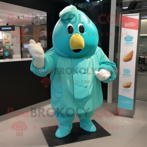 Cyan Potato mascot costume character dressed with a Parka and Gloves