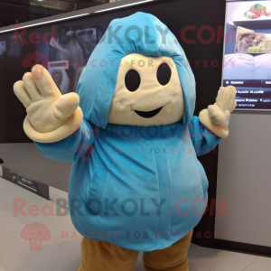 Cyan Potato mascot costume character dressed with a Parka and Gloves