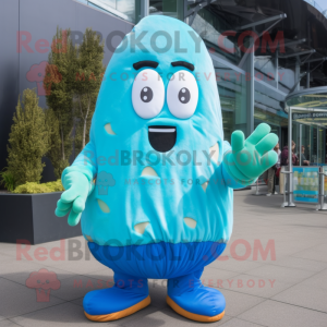 Cyan Potato mascot costume character dressed with a Parka and Gloves