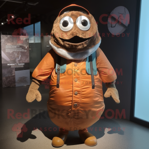 Rust Oyster mascot costume character dressed with a Parka and Suspenders