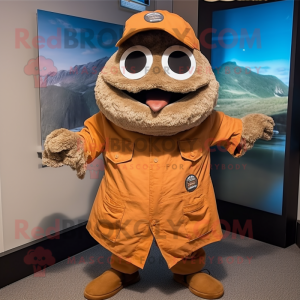 Rust Oyster mascot costume character dressed with a Parka and Suspenders