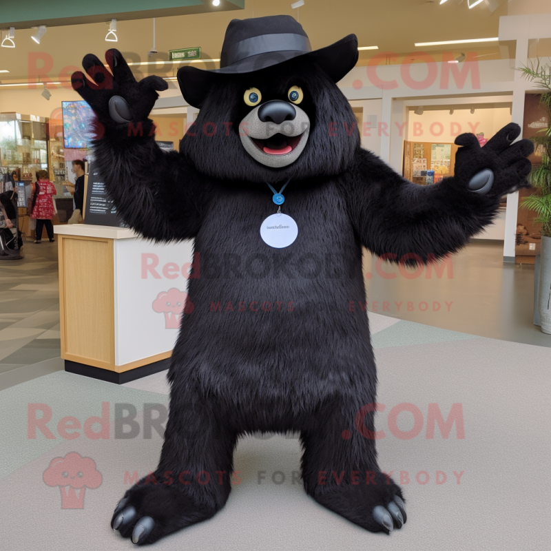 Black Sloth Bear mascot costume character dressed with a A-Line Dress and Caps Black Sloth Bear mascot costume character dressed with a A-Line Dress and Caps